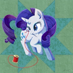 Size: 2048x2048 | Tagged: safe, artist:catscratchpaper, imported from derpibooru, rarity, pony, unicorn, abstract background, action pose, digital art, female, high res, horn, mare, mouth hold, needle, overlay, quilt, smiling, solo, spool, thread