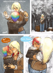 Size: 1200x1650 | Tagged: safe, artist:scorpiordinance, imported from derpibooru, applejack, rainbow dash, human, askhumanpinkiedash, hug, humanized, snow, speech bubble, winter