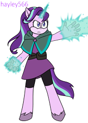 Size: 1875x2616 | Tagged: safe, artist:hayley566, imported from derpibooru, starlight glimmer, anthro, unicorn, belt, clothes, commission, compression shorts, dark fantasy, description is relevant, dress, fantasy, female, glowing, glowing horn, horn, magic, mobian, simple background, solo, sonic the hedgehog (series), sonicified, story included, transparent background, unshorn fetlocks