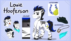 Size: 3900x2250 | Tagged: safe, artist:rutkotka, imported from derpibooru, oc, oc only, oc:louie hooferson, pony, zebra, bandana, color palette, commissioner:legionofblues, cowboy hat, cutie mark, hat, horseshoes, jewelry, male, pendant, reference sheet, smiling, solo, sweat, tired, unamused, zebra oc