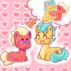 Size: 1280x1280 | Tagged: safe, artist:cozyinbutters, imported from derpibooru, hitch trailblazer, sprout cloverleaf, earth pony, pony, :3, behaving like a cat, blushing, clovertrail, cute, emanata, g5, gay, heart, hearts and hooves day, hitchbetes, male, meme, pink background, shipping, simple background, sproutbetes