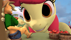 Size: 3840x2160 | Tagged: safe, artist:~stuffguy123, imported from derpibooru, apple bloom, applejack, anthro, plantigrade anthro, 3d, apple, bucket, clothes, cloud, denim, dock, female, food, giantess, hat, jeans, macro, older, older apple bloom, orchard, pants, sandals, size difference, smiling, source filmmaker, tail, tree