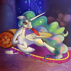 Size: 2048x2048 | Tagged: safe, artist:asterisq, imported from derpibooru, princess celestia, alicorn, pony, concave belly, feathered fetlocks, female, floppy ears, indoors, inkwell, lidded eyes, lying down, mare, mouth hold, prone, quill, slender, smiling, solo, thin