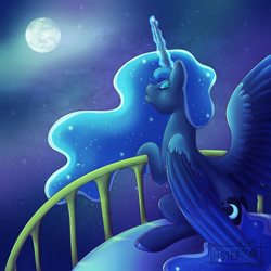 Size: 1500x1500 | Tagged: safe, artist:asterisq, imported from derpibooru, princess luna, alicorn, pony, balcony, eyes closed, female, full moon, glowing, glowing horn, horn, mare, moon, moonrise, one wing out, outdoors, sitting, solo, starry night, wings