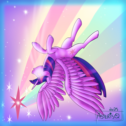 Size: 1500x1500 | Tagged: safe, artist:asterisq, imported from derpibooru, twilight sparkle, alicorn, pony, concave belly, female, glowing, glowing eyes, mare, open mouth, rainbow, solo, spread wings, twilight sparkle (alicorn), twilight sparkle's cutie mark, upside down, wings