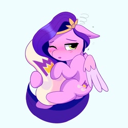 Size: 2048x2048 | Tagged: safe, artist:nari_artsz, imported from derpibooru, pipp petals, pegasus, pony, female, g5, hug, light blue background, mare, one eye closed, pillow, pillow hug, simple background, sleepy, solo