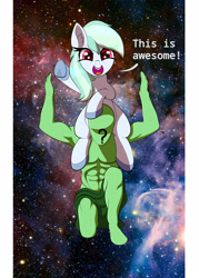 Size: 2500x3500 | Tagged: safe, artist:scandianon, imported from derpibooru, oc, oc only, oc:anon, unnamed oc, human, atlas, duo, female, floating, happy, human male, male, mare, raised hoof, shoulder ride, smiling, space, talking, talking to viewer