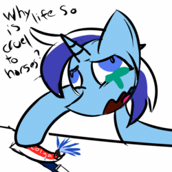 Size: 600x600 | Tagged: safe, artist:doctorsklee, imported from derpibooru, minuette, pony, unicorn, animated, colored, crying, drawthread, female, gif, horn, requested art, sad, solo, spill, toothpaste
