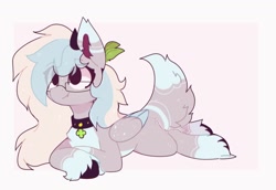 Size: 1344x924 | Tagged: safe, artist:little-sketches, oc, oc only, oc:wulfie, pegasus, pony, cheek fluff, chest fluff, choker, clover, deer tail, eye clipping through hair, eyebrows visible through hair, fangs, female, freckles, glasses, horn, leaf, leaf in hair, lying down, mare, passepartout, pegasus oc, smiling, socks (coat markings), solo, stripes, unshorn fetlocks, wings