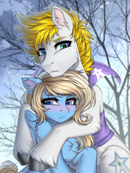 Size: 1920x2553 | Tagged: safe, artist:hakaina, imported from derpibooru, oc, oc only, oc:alabastor amril, oc:lusty symphony, earth pony, pegasus, blushing, clothes, commission, jacket, protecting, shipping, wholesome, ych result