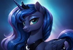 Size: 1216x832 | Tagged: safe, imported from twibooru, princess luna, alicorn, pony, ai content, ai generated, crown, female, horn, image, jewelry, looking at you, mare, needs more jpeg, peytral, prompter:cypher, regalia, solo, wings