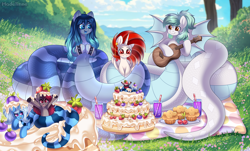 Size: 7106x4300 | Tagged: safe, artist:madelinne, imported from derpibooru, oc, oc only, oc:biru, oc:madelinne, oc:opal brona, oc:triksa, alicorn, earth pony, lamia, original species, alicorn oc, birthday cake, birthday gift art, cake, cupcake, drink, drinking straw, food, gift art, horn, sky, strawberry, tree, wings