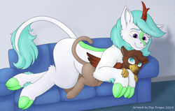 Size: 1280x815 | Tagged: safe, artist:thedigodragon, imported from derpibooru, oc, oc only, griffon, kirin, duo, griffon oc, kirin oc, size difference