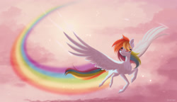 Size: 2000x1154 | Tagged: safe, artist:maybeweed, artist:sornyak, imported from derpibooru, rainbow dash, pegasus, pony, female, flying, mare, rainbow trail, realistic horse legs, redraw, solo