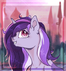 Size: 700x761 | Tagged: safe, artist:nazalik, imported from derpibooru, oc, oc only, oc:dreamingstar, pony, unicorn, bust, canterlot, commission, complex background, digital art, horn, inspired, looking at city, looking at you, my little pony, portrait, solo, sunset, wind in mane