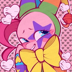 Size: 1254x1255 | Tagged: safe, artist:bombastickon, imported from derpibooru, pinkie pie, earth pony, pony, blushing, cute, female, heart, heart background, heart eyes, hoof on cheek, jester outfit, jester pie, mare, outline, smiling, solo, wingding eyes