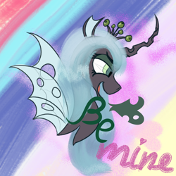 Size: 1024x1024 | Tagged: safe, artist:kujivunia, imported from derpibooru, princess cadance, queen chrysalis, changeling, changeling queen, bust, changeling wings, curved horn, female, head only, heart, holiday, horn, implied shining armor, portrait, simple background, smiling, solo, valentine, valentine's day, wings