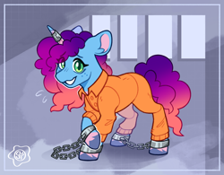 Size: 2408x1876 | Tagged: safe, artist:sunnysynopsis, imported from derpibooru, pony, unicorn, clothes, commissioner:rainbowdash69, cuffed, cuffs, female, g5, grin, horn, mare, misty brightdawn, nervous, nervous grin, never doubt rainbowdash69's involvement, prison jumpsuit, prison outfit, prisoner, prisoner misty, rebirth misty, shackles, smiling, solo