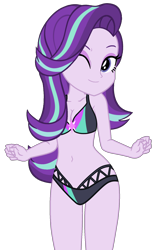 Size: 1132x1831 | Tagged: safe, artist:star-armour95, artist:yaya54320bases, imported from derpibooru, starlight glimmer, human, equestria girls, bare shoulders, beautiful, belly, belly button, bikini, clothes, cute, female, glimmerbetes, midriff, one eye closed, simple background, sleeveless, smiling, solo, swimsuit, transparent background, vector, wink