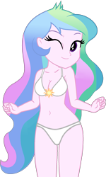 Size: 1105x1842 | Tagged: safe, artist:star-armour95, artist:yaya54320bases, imported from derpibooru, princess celestia, human, equestria girls, bare shoulders, beautiful, belly, belly button, bikini, clothes, cute, female, midriff, one eye closed, principal celestia, simple background, sleeveless, smiling, solo, swimsuit, transparent background, vector, wink, younger