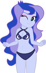 Size: 1142x1832 | Tagged: safe, artist:star-armour95, artist:yaya54320bases, imported from derpibooru, princess luna, human, equestria girls, bare shoulders, beautiful, belly, belly button, bikini, clothes, cute, female, midriff, one eye closed, simple background, sleeveless, smiling, solo, swimsuit, transparent background, vector, vice principal luna, wink, younger