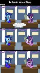 Size: 1920x3516 | Tagged: safe, artist:platinumdrop, imported from derpibooru, twilight sparkle, oc, oc:blue thunder, comic:twilight's untold story, 3 panel comic, colt, comic, commission, female, filly, foal, happy, male, offscreen character, smiling, speech bubble, waving