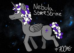 Size: 3508x2480 | Tagged: safe, artist:700kgbenchpress, imported from derpibooru, oc, oc only, oc:nebula starstrike, alicorn, pony, alicorn oc, female, folded wings, horn, mare, purple eyes, solo, space background, tail, two toned mane, two toned tail, wings