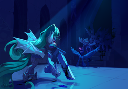 Size: 4000x2800 | Tagged: source needed, safe, artist:galchonok, imported from derpibooru, alicorn, bat pony, robot, background, castle, commission, fight, night, sword, weapon, ych result