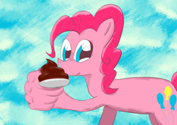 Size: 3508x2480 | Tagged: safe, artist:zenco, imported from derpibooru, pinkie pie, color, digital art, dulce de leche, hand, looking at you, pinkie being pinkie, sky, spoon