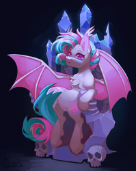 Size: 2700x3400 | Tagged: source needed, safe, artist:galchonok, imported from derpibooru, oc, bat pony, commission, cute, dark background, throne, ych result