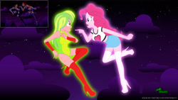 Size: 3840x2160 | Tagged: safe, artist:gibsterboy5, imported from derpibooru, lemon zest, pinkie pie, human, equestria girls, 4k, angry, boots, breasts, clothes, cloud, complex background, concerned, dc comics, duo, female, flying, glowing, high heel boots, high heels, high res, leotard, looking at each other, midriff, night, night sky, open mouth, outdoors, overknee boots, platform boots, platform heels, platform shoes, pointing, reference, screencap reference, shirt, shoes, signature, skirt, sky, stars, suit, teen titans, thigh boots, woman