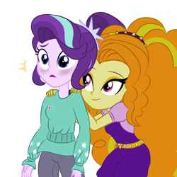 Size: 2048x2048 | Tagged: safe, anonymous artist, derpibooru exclusive, imported from derpibooru, adagio dazzle, starlight glimmer, human, 2025, base used, blushing, duo, female, hands on shoulder, human female, lesbian, looking at someone, looking offscreen, open mouth, shipping, simple background, smiling, standing, stardagio, surprised, white background