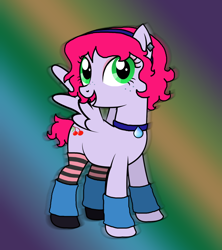 Size: 842x949 | Tagged: safe, artist:reitanna-seishin, imported from derpibooru, oc, oc only, earth pony, pony, arm warmers, choker, clothes, ear piercing, earring, eyeshadow, freckles, gradient background, green eyes, hairband, jewelry, leg warmers, makeup, piercing, pink mane, pink tail, smiling, socks, solo, spread wings, stockings, tail, thigh highs, wings