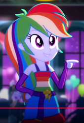 Size: 271x398 | Tagged: safe, imported from derpibooru, screencap, rainbow dash, eqg summertime shorts, equestria girls, raise this roof, bare shoulders, belt, clothes, cropped, dress, fall formal outfits, fingerless gloves, gloves, grin, hand on hip, i guess that was pretty awesome, my little pony equestria girls: summertime shorts, pointing, sleeveless, sleeveless dress, smiling