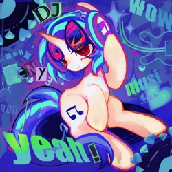 Size: 4160x4160 | Tagged: safe, artist:brucebrandon, imported from derpibooru, dj pon-3, vinyl scratch, pony, unicorn, abstract background, female, full body, glasses, headphones, heart, horn, mare, solo, text