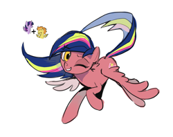 Size: 2642x2090 | Tagged: safe, artist:shiqiuzhu, imported from derpibooru, spitfire, twilight sparkle, alicorn, pegasus, pony, chibi, female, full body, fusion:spitfire, fusion:twilight sparkle, grin, looking at you, mare, one eye closed, simple background, smiling, solo, twilight sparkle (alicorn), white background, wink