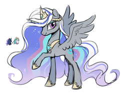 Size: 2642x2090 | Tagged: safe, artist:shiqiuzhu, imported from derpibooru, princess celestia, princess luna, alicorn, pony, aside glance, chibi, female, full body, fusion:princess celestia, fusion:princess luna, jewelry, looking at you, mare, raised hoof, regalia, sideways glance, simple background, smiling, solo, spread wings, white background, wings