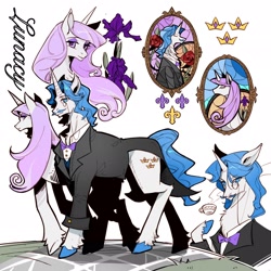 Size: 2048x2048 | Tagged: safe, artist:lunacy190, imported from derpibooru, fancypants, fleur-de-lis, pony, unicorn, bust, clothes, cup, eyes closed, female, full body, horn, male, mare, monocle, multiple views, simple background, stained glass, stallion, suit, teacup, text, white background