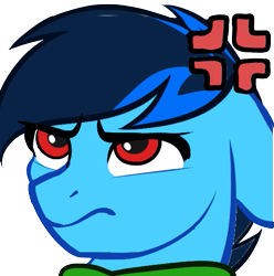 Size: 537x541 | Tagged: safe, artist:mxiiisy, imported from derpibooru, oc, oc only, oc:cobalt chaser, pegasus, pony, angry, blue coat, blue mane, digital art, emotes, floppy ears, male, pegasus oc, red eyes, simple background, solo, transparent background, wings