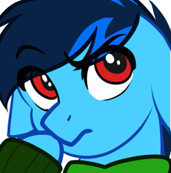 Size: 537x541 | Tagged: safe, artist:mxiiisy, imported from derpibooru, oc, oc only, oc:cobalt chaser, pegasus, pony, blue coat, blue mane, clothes, digital art, emotes, hoodie, jacket, male, pegasus oc, red eyes, simple background, solo, sweater, thinking, transparent background, wings