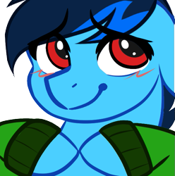 Size: 537x541 | Tagged: safe, artist:mxiiisy, imported from derpibooru, oc, oc only, oc:cobalt chaser, pegasus, pony, blue coat, blue mane, blush lines, blushing, clothes, digital art, emotes, floppy ears, hoodie, hooves, hooves together, jacket, looking back, male, pegasus oc, red eyes, simple background, solo, sweater, transparent background, wings