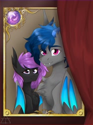 Size: 1535x2048 | Tagged: safe, artist:shinech9, oc, oc only, pony, bat wings, duo, female, male, mare, stallion, wings