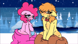 Size: 500x281 | Tagged: safe, artist:tamers12345, imported from derpibooru, braeburn, pinkie pie, rainbow dash, soarin', animal costume, animated, clothes, costume, female, gay, gif, lesbian, male, my little pony the movie: hearth's warming in manehattan, pinkiedash, shipping, snow, snowfall, soarburn, spread wings, wet, wet mane, wingboner, wings