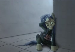 Size: 3373x2321 | Tagged: safe, artist:inertia, pony, exhausted, female, hallway, mare, military pony, military uniform, sitting, solo