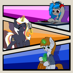 Size: 4000x4000 | Tagged: safe, artist:inpherno, artist:uniroam, imported from derpibooru, oc, oc:homage, oc:littlepip, oc:velvet remedy, fallout equestria, clothes, colored background, disc jockey, headphones, jumpsuit, littlepip's little party, lockpicking, magic, magic aura, microphone, panels, telekinesis, vault suit