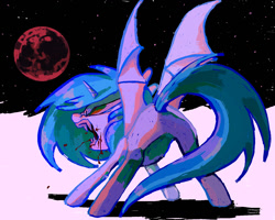 Size: 1350x1080 | Tagged: safe, artist:deviledlobster, imported from derpibooru, dj pon-3, vinyl scratch, bat pony, pony, undead, vampire, bat wings, blood, blood moon, moon, solo, wings