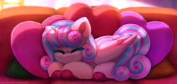 Size: 6248x3000 | Tagged: safe, artist:taiweiart, imported from derpibooru, princess flurry heart, twilight sparkle, alicorn, earth pony, pegasus, pony, unicorn, clothes, couch, crystal empire, cute, dusk shine, empress, fanart, heart, heart eyes, horn, light, lying down, morning, morning ponies, pillow, princess, royalty, rule 63, sleeping, sleepy, slippers, solo, wingding eyes