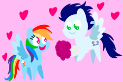 Size: 1935x1285 | Tagged: safe, anonymous artist, derpibooru exclusive, imported from derpibooru, rainbow dash, soarin', pegasus, pony, series:soarindash relationship, series:soarindash romantic tales, bouquet, bouquet of flowers, female, flower, hearts and hooves day, holiday, male, mare, pointy ponies, shipping, soarindash, stallion, straight, valentine's day