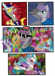 Size: 1700x2338 | Tagged: safe, artist:artisticwerks, imported from derpibooru, applejack, discord, maud pie, pinkie pie, princess celestia, rainbow dash, rarity, twilight sparkle, pony, make new friends but keep discord, comic, my little pony, sunglasses, you're the most basic of jokes