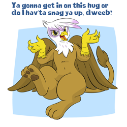 Size: 1050x1050 | Tagged: safe, artist:dendollae, imported from twibooru, gilda, griffon, beak, blue background, hug request, image, looking at you, open beak, open mouth, paw pads, png, raised arms, simple background, sitting, solo, talking to viewer, white background